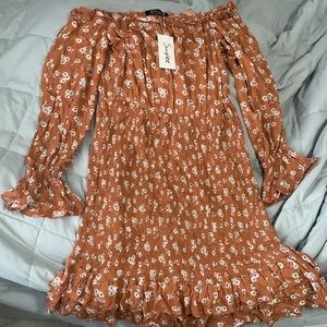 Mustard yellow floral off the shoulder dress